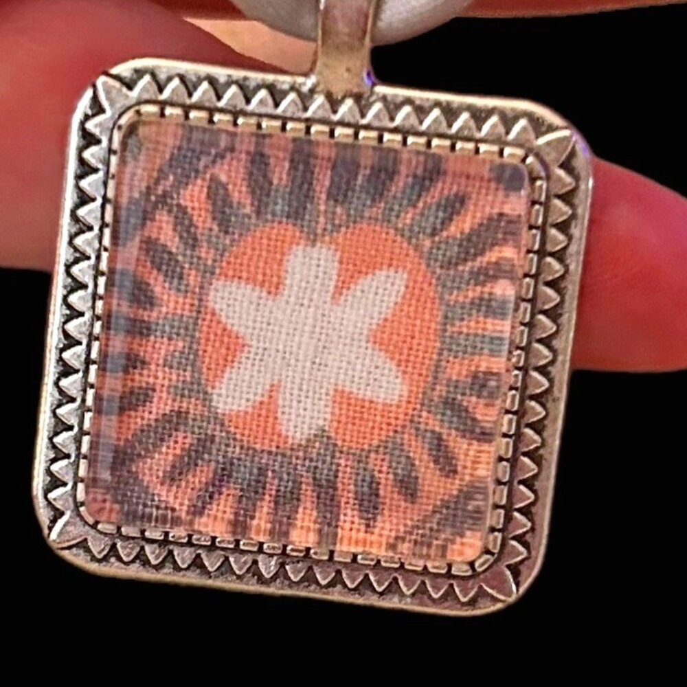 20in Upcycled Pink and Grey Satin Ribbon Necklace with Silver Tone Glass Pendant